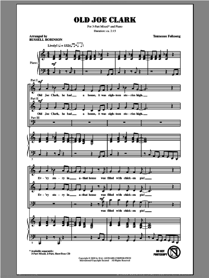 Old Joe Clark sheet music for choir (3-Part Mixed) by Russell Robinson, intermediate skill level