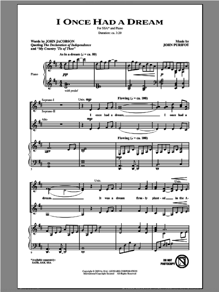 I Once Had A Dream sheet music for choir (SSA: soprano, alto) by John Jacobson and John Purifoy, intermediate skill level