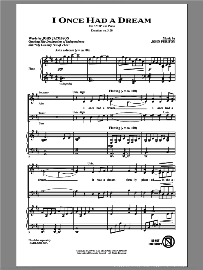 I Once Had A Dream sheet music for choir (SATB: soprano, alto, tenor, bass) by John Purifoy and John Jacobson, intermediate skill level