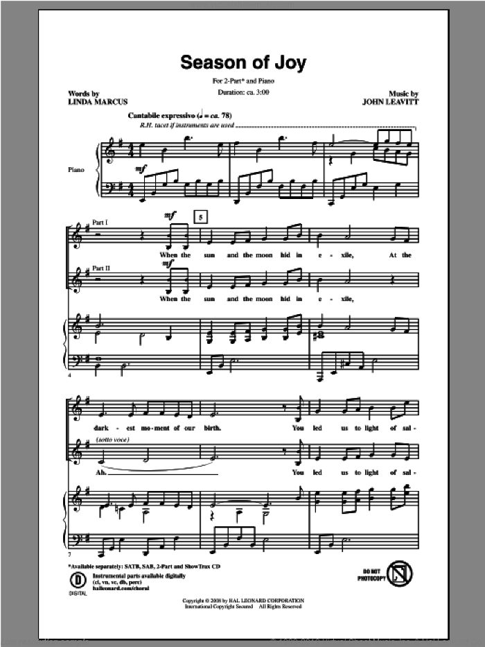 Season Of Joy sheet music for choir (2-Part) by John Leavitt and Linda Marcus, intermediate duet