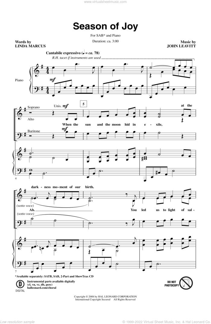 Season Of Joy sheet music for choir (SAB: soprano, alto, bass) by John Leavitt and Linda Marcus, intermediate skill level