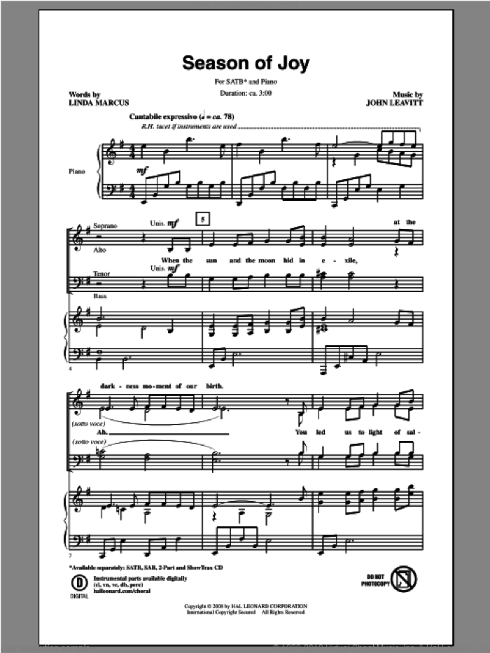 Season Of Joy sheet music for choir (SATB: soprano, alto, tenor, bass) by John Leavitt and Linda Marcus, intermediate skill level