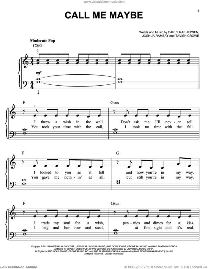Call Me Maybe, (beginner) sheet music for piano solo by Carly Rae Jepsen, beginner skill level