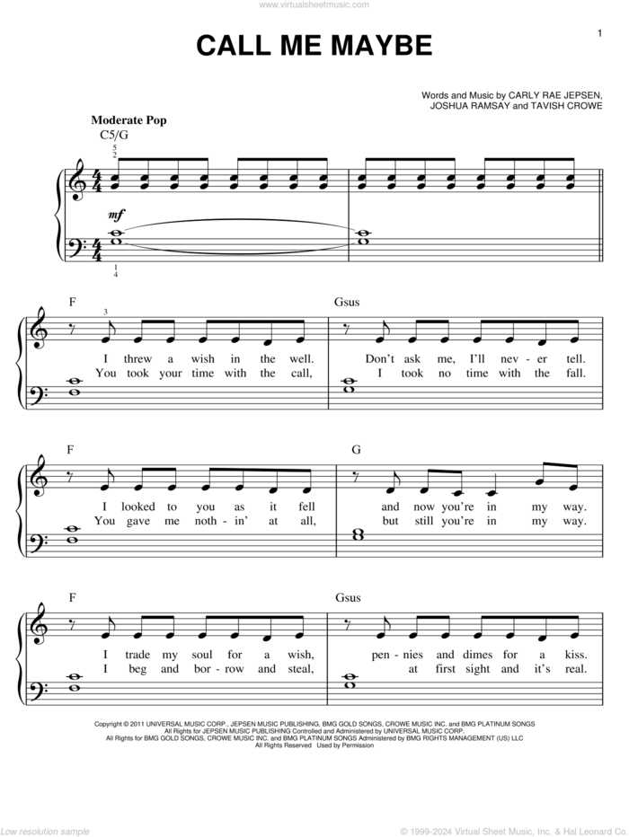 Call Me Maybe, (beginner) sheet music for piano solo by Carly Rae Jepsen, beginner skill level