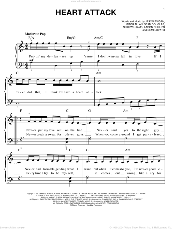 Heart Attack sheet music for piano solo by Demi Lovato, beginner skill level