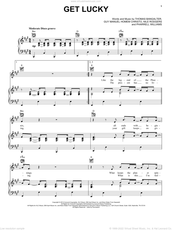 Get Lucky sheet music for voice, piano or guitar by Daft Punk and Pharrell Williams, intermediate skill level