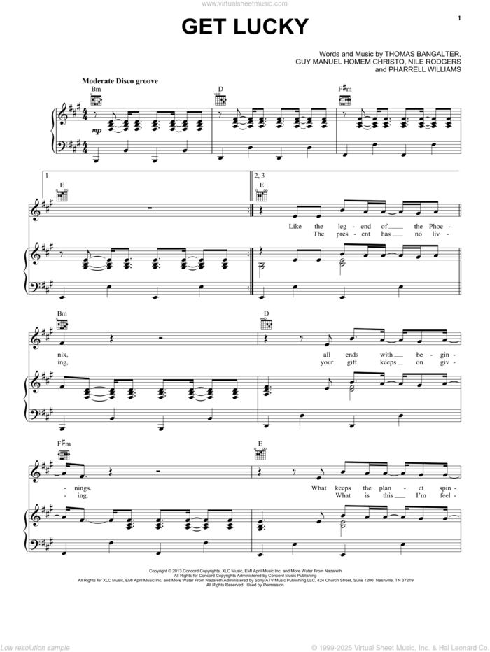 Get Lucky sheet music for voice, piano or guitar by Daft Punk and Pharrell Williams, intermediate skill level