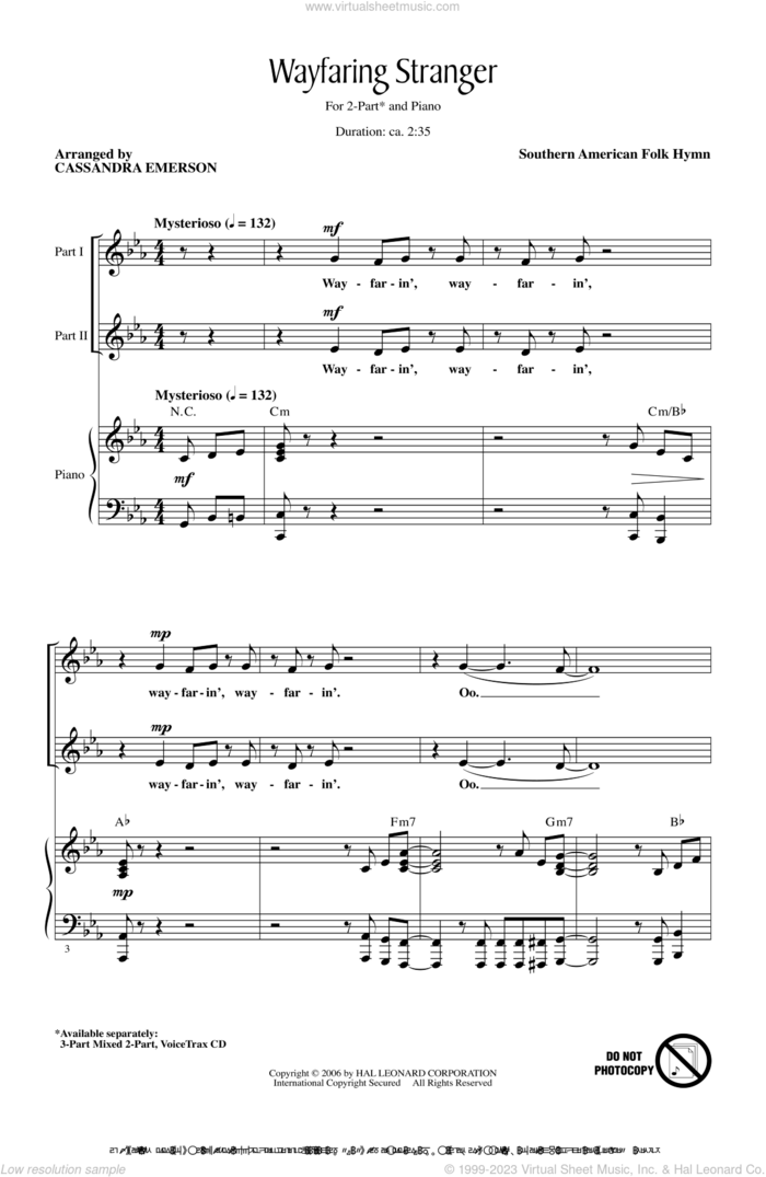 Wayfaring Stranger sheet music for choir (2-Part) by Cassandra Emerson, intermediate duet
