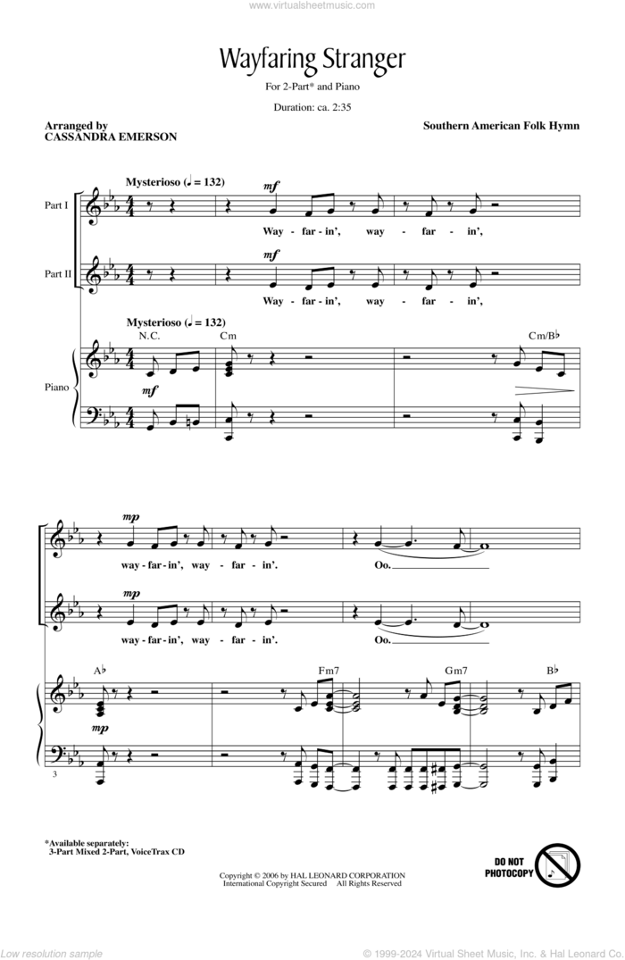 Wayfaring Stranger (arr. Ryder Emerson) sheet music for choir (2-Part) by Cassandra Emerson, Ryder Emerson and Miscellaneous, intermediate duet