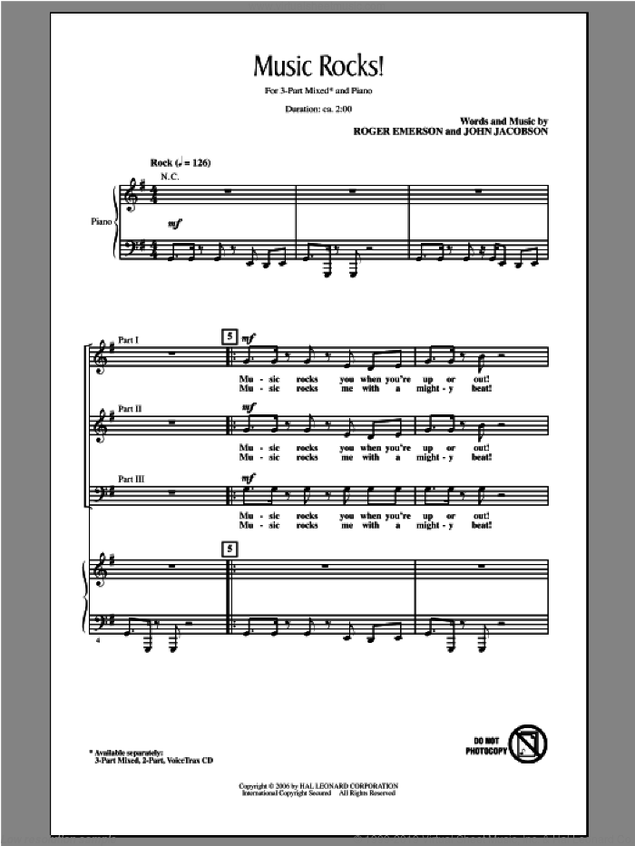 Music Rocks! sheet music for choir (3-Part Mixed) by Roger Emerson and John Jacobson, intermediate skill level
