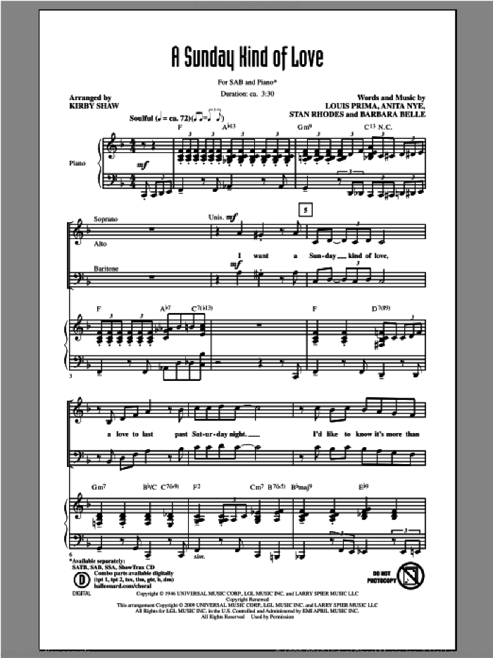 A Sunday Kind Of Love sheet music for choir (SAB: soprano, alto, bass) by Kirby Shaw, intermediate skill level