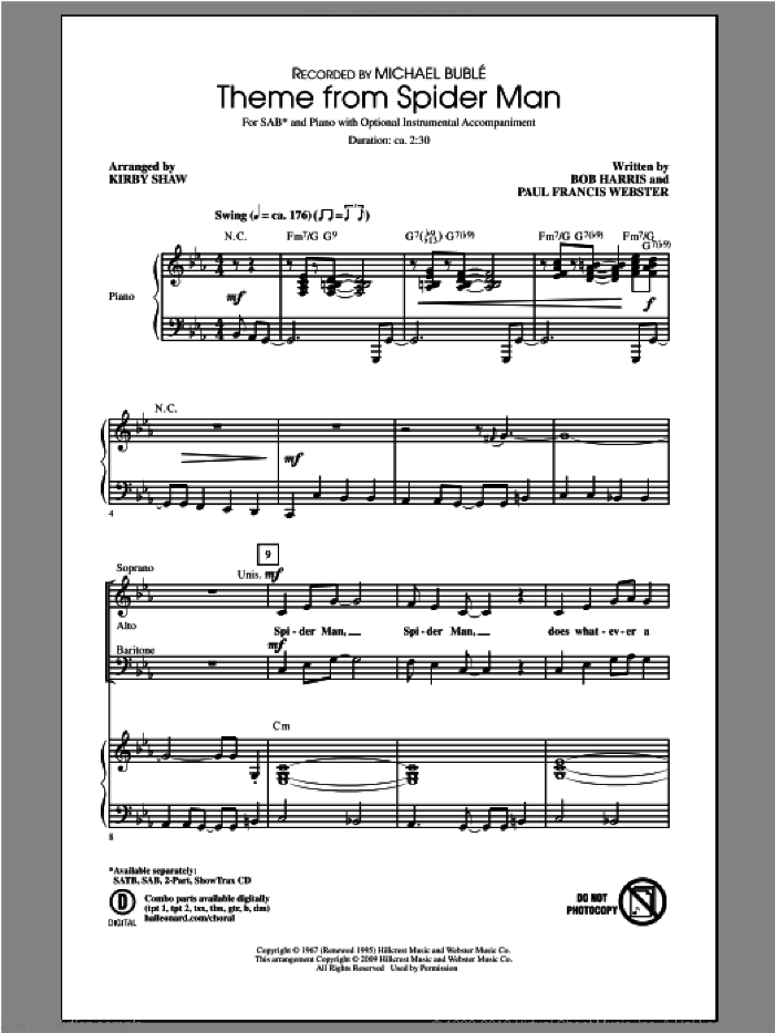 Theme From Spider-Man (arr. Kirby Shaw) sheet music for choir (SAB: soprano, alto, bass) by Kirby Shaw and Michael Buble, intermediate skill level