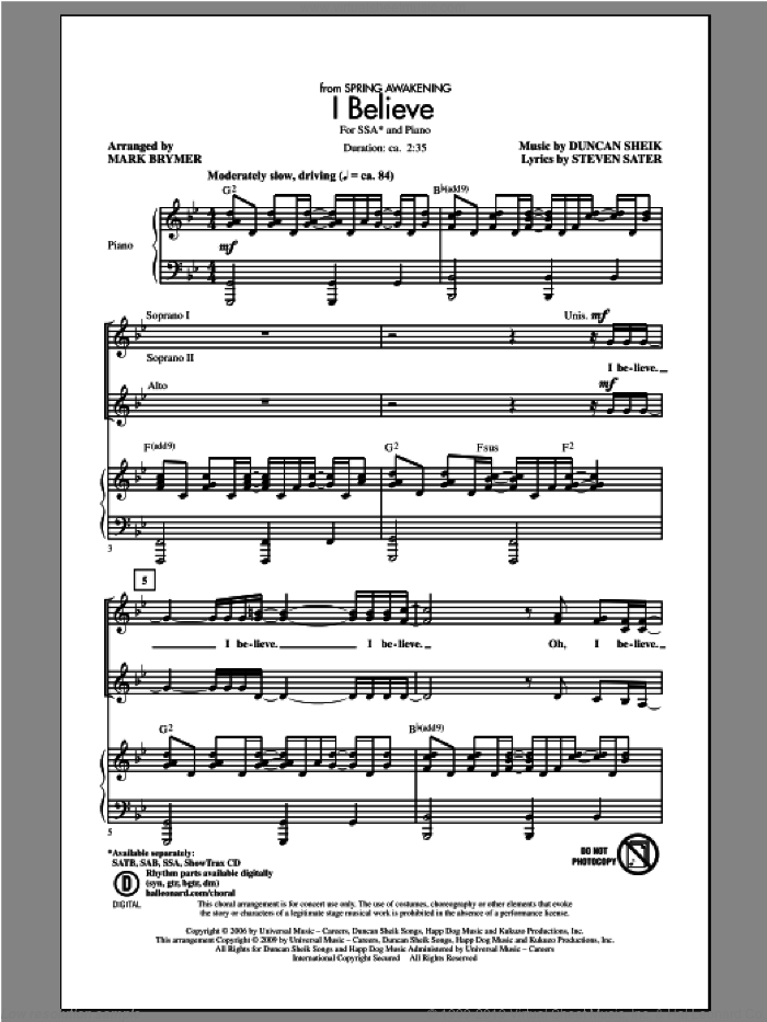 I Believe (from Spring Awakening) sheet music for choir (SSA: soprano, alto) by Mark Brymer, intermediate skill level