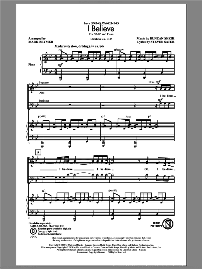I Believe (from Spring Awakening) sheet music for choir (SAB: soprano, alto, bass) by Mark Brymer, intermediate skill level