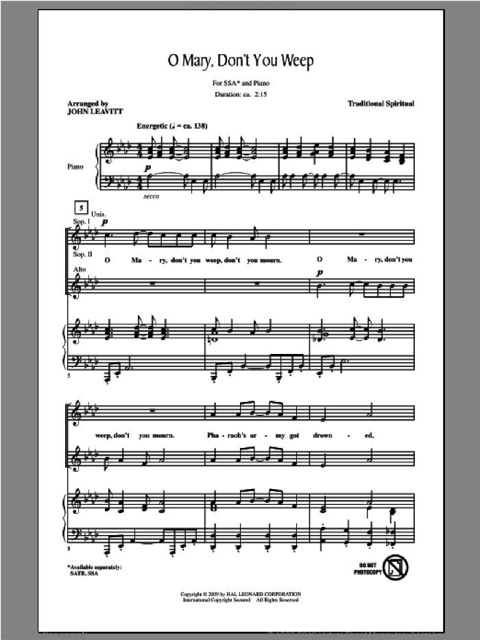 Oh Mary Don't You Weep sheet music for choir (SSA: soprano, alto) by John Leavitt, intermediate skill level