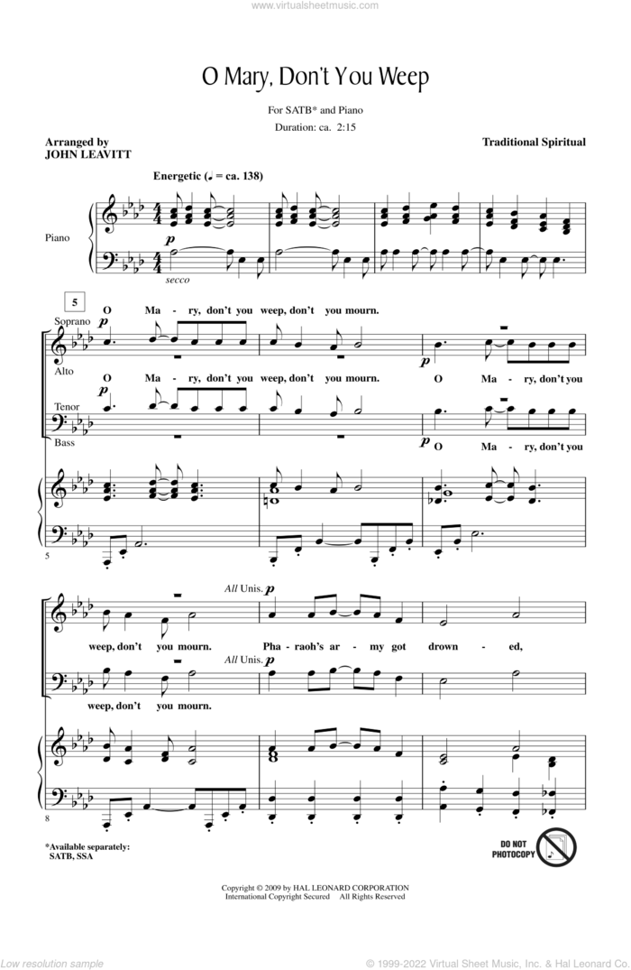 Oh Mary Don't You Weep sheet music for choir (SATB: soprano, alto, tenor, bass) by John Leavitt, intermediate skill level