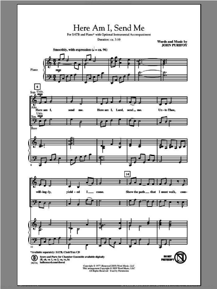 Here Am I, Send Me sheet music for choir (SATB: soprano, alto, tenor, bass) by John Purifoy, intermediate skill level
