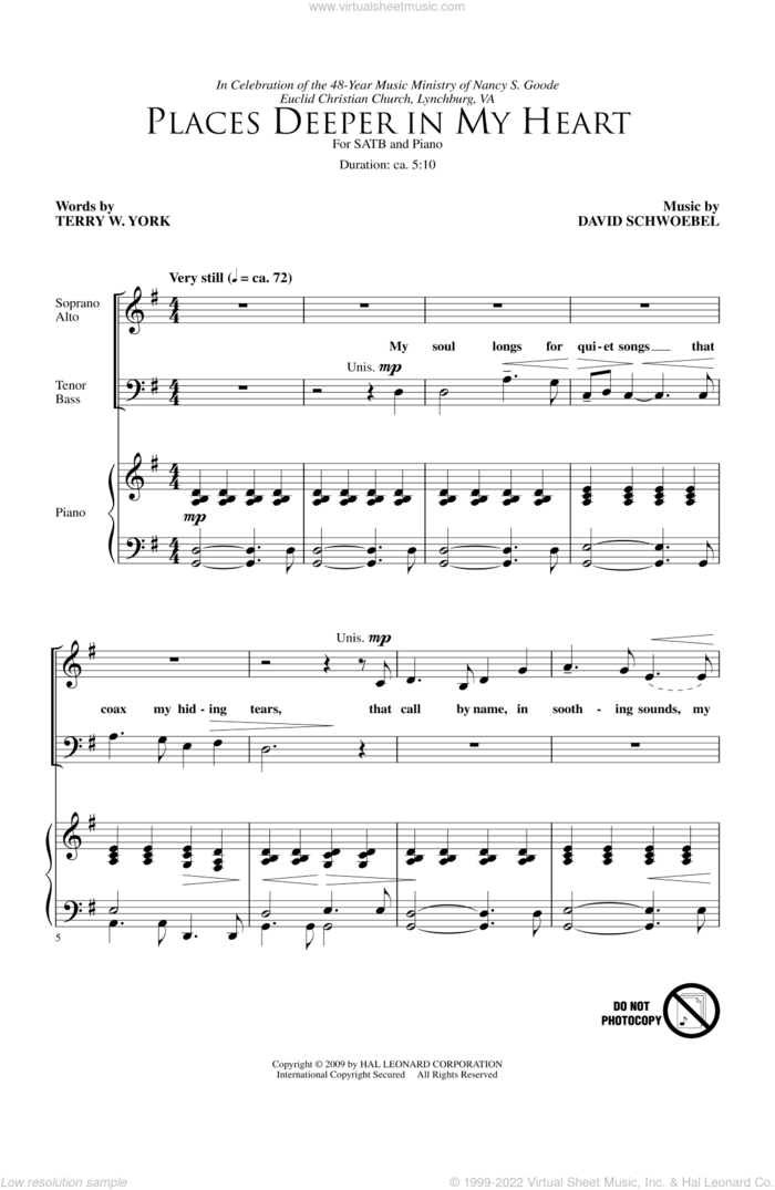 Places Deeper In My Heart sheet music for choir (SATB: soprano, alto, tenor, bass) by David Schwoebel and Terry W. York, intermediate skill level