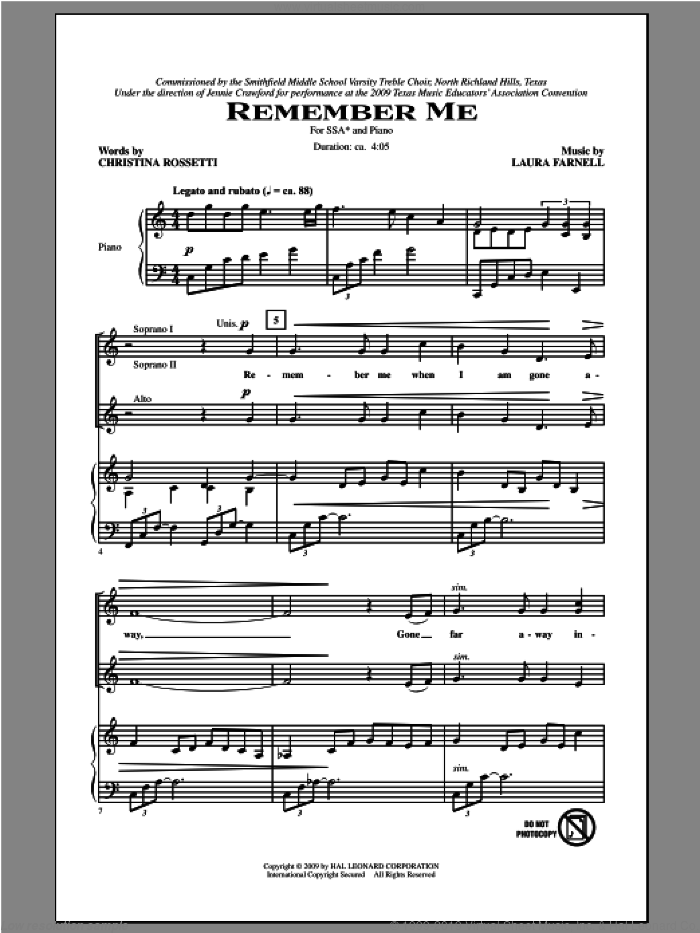 Remember Me sheet music for choir (SSA: soprano, alto) by Laura Farnell, intermediate skill level