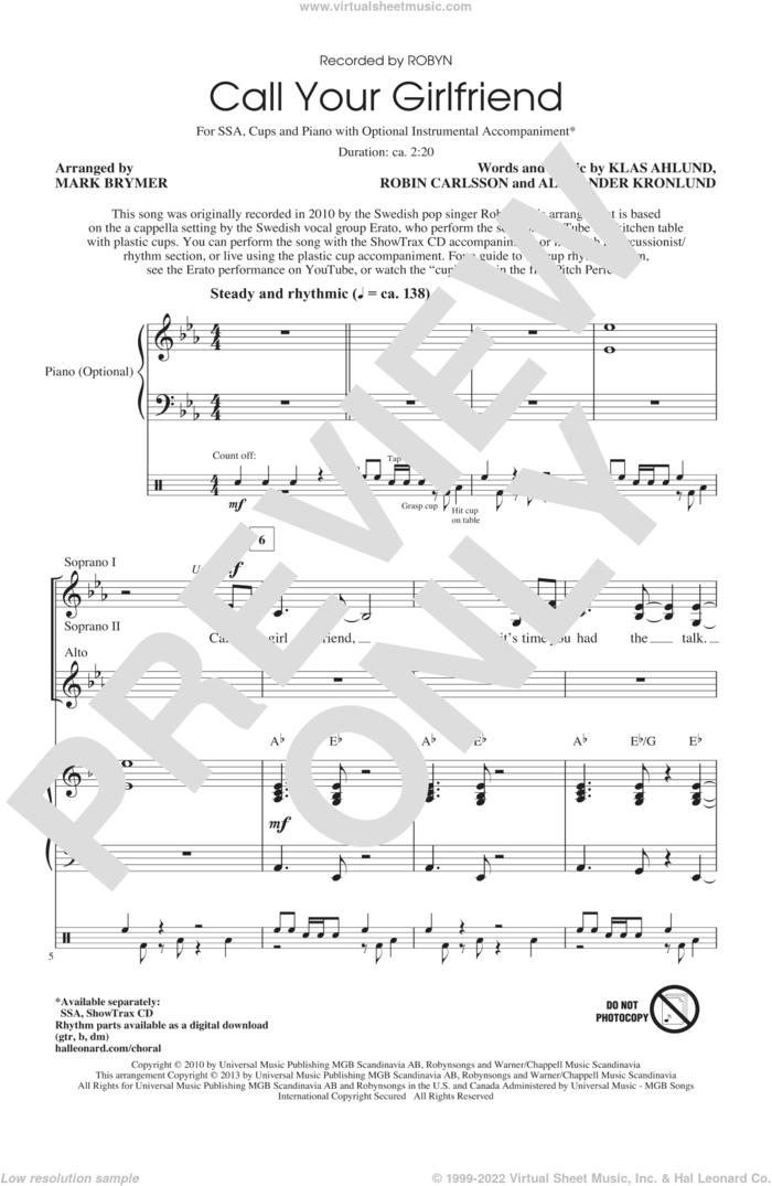 Call Your Girlfriend sheet music for choir (SSA: soprano, alto) by Mark Brymer and Robyn, intermediate skill level