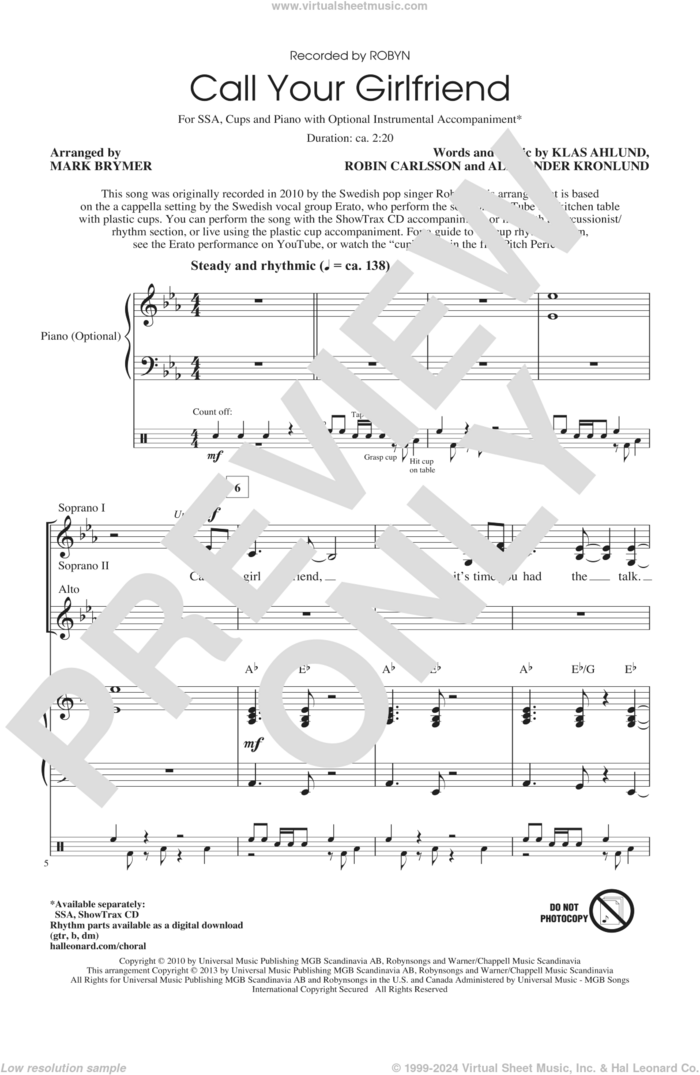 Call Your Girlfriend sheet music for choir (SSA: soprano, alto) by Mark Brymer and Robyn, intermediate skill level