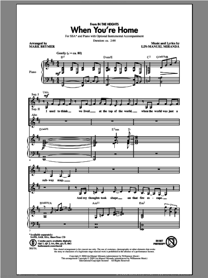 When You're Home (from In The Heights) (arr. Mark Brymer) sheet music for choir (SSA: soprano, alto) by Mark Brymer and Lin-Manuel Miranda, intermediate skill level