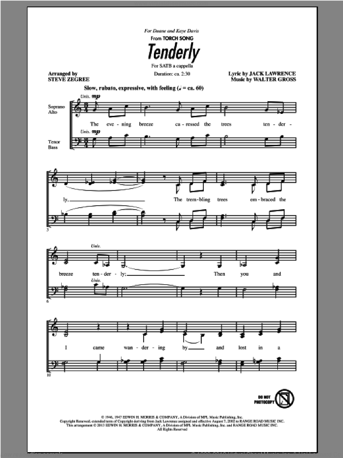 Tenderly sheet music for choir (SATB: soprano, alto, tenor, bass) by Steve Zegree, intermediate skill level