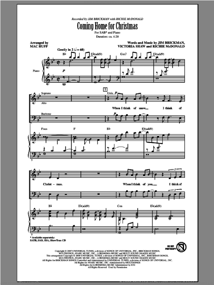 Coming Home For Christmas sheet music for choir (SAB: soprano, alto, bass) by Mac Huff and Jim Brickman, intermediate skill level