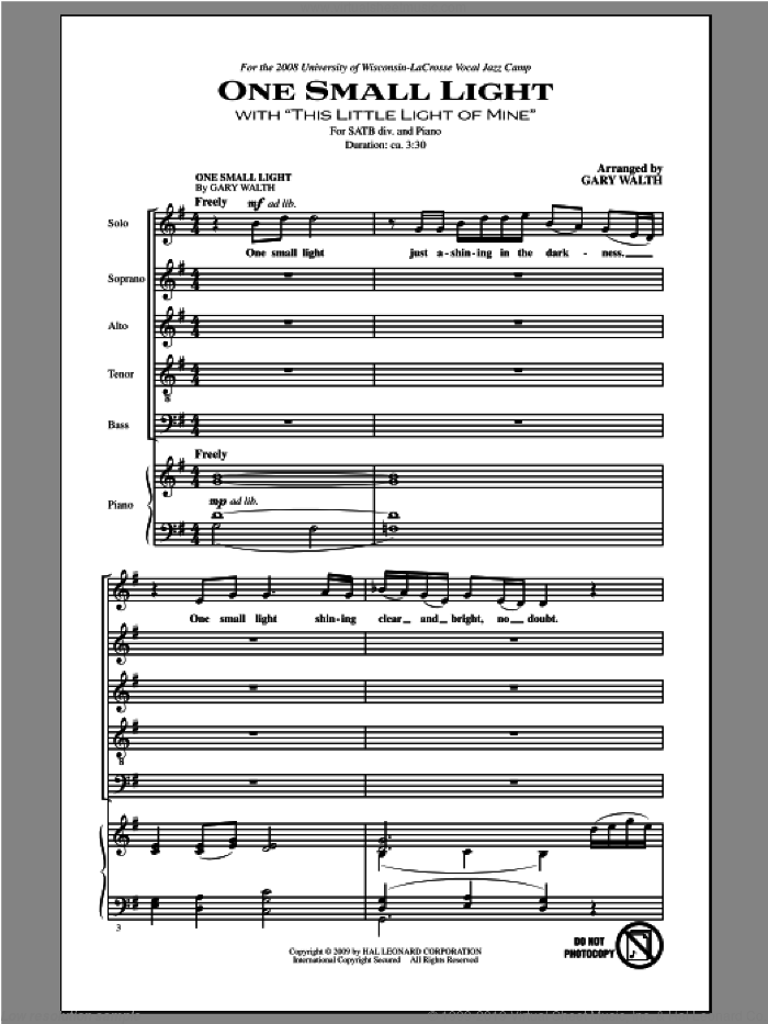 One Small Light (with This Little Light of Mine) sheet music for choir (SATB: soprano, alto, tenor, bass) by Gary Walth, intermediate skill level