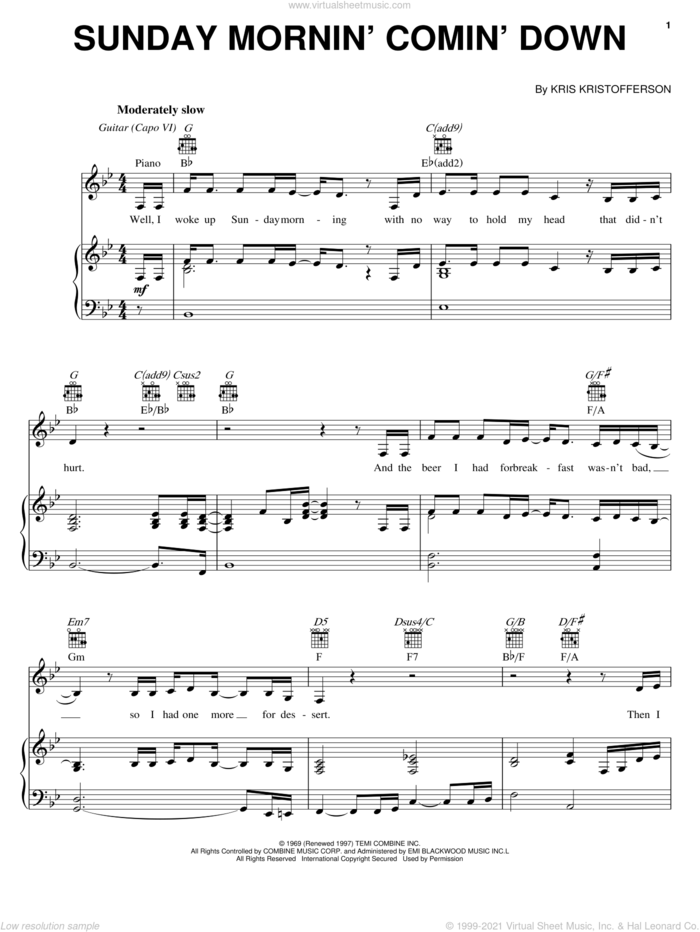 Sunday Mornin' Comin' Down sheet music for voice, piano or guitar by Kris Kristofferson and Johnny Cash, intermediate skill level