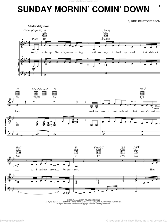 Sunday Mornin' Comin' Down sheet music for voice, piano or guitar by Kris Kristofferson and Johnny Cash, intermediate skill level