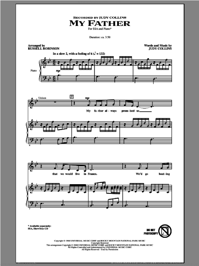 My Father sheet music for choir (SSA: soprano, alto) by Russell Robinson and Judy Collins, intermediate skill level