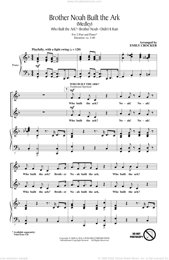 Brother Noah Built The Ark sheet music for choir (2-Part) by Emily Crocker, intermediate duet