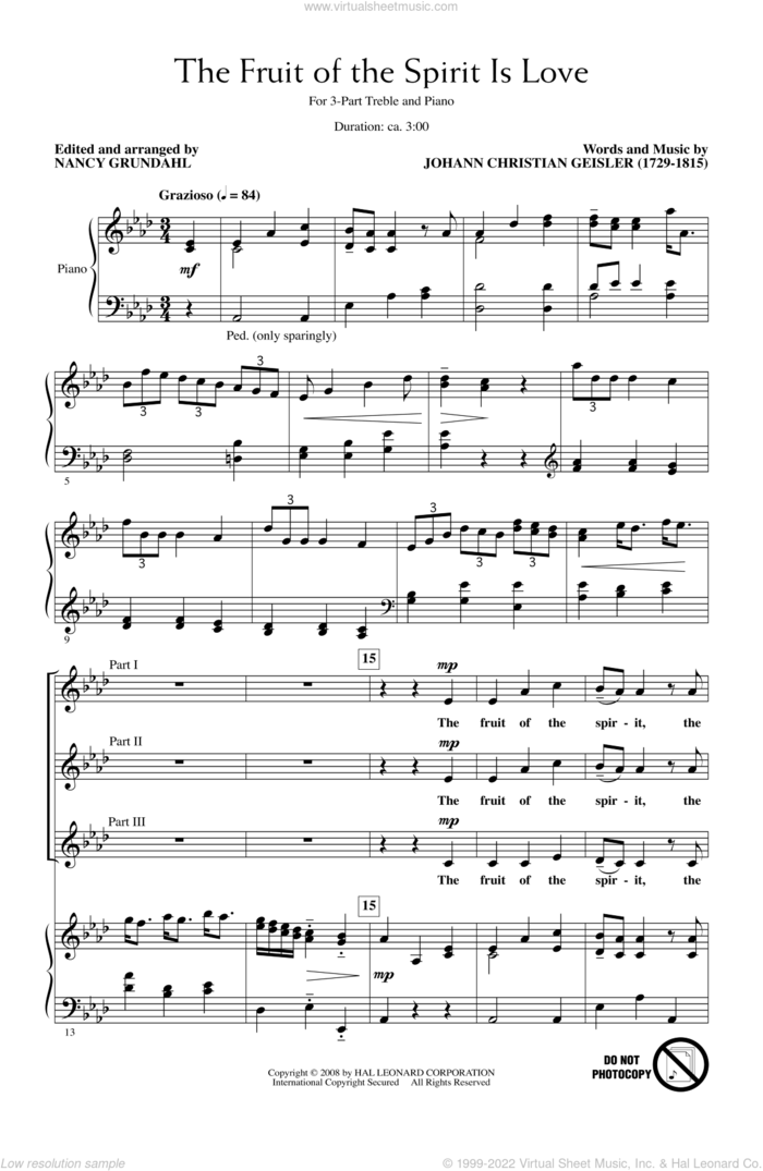 The Fruit Of The Spirit Is Love sheet music for choir (3-Part Treble) by Nancy Grundahl, intermediate skill level