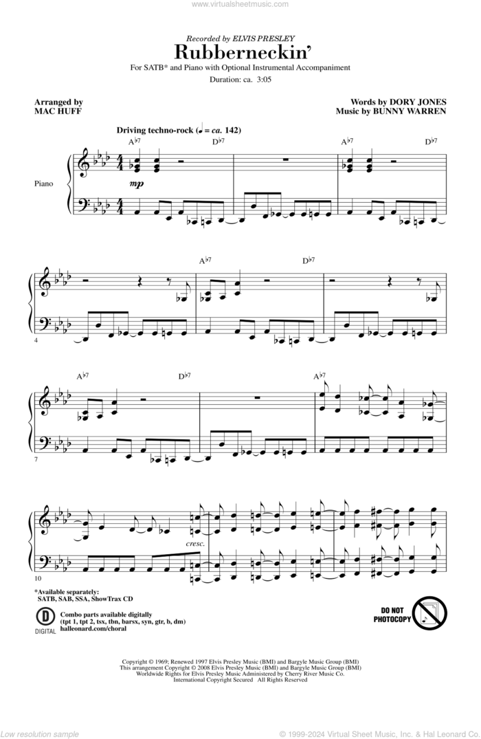 Rubberneckin' sheet music for choir (SATB: soprano, alto, tenor, bass) by Elvis Presley and Mac Huff, intermediate skill level