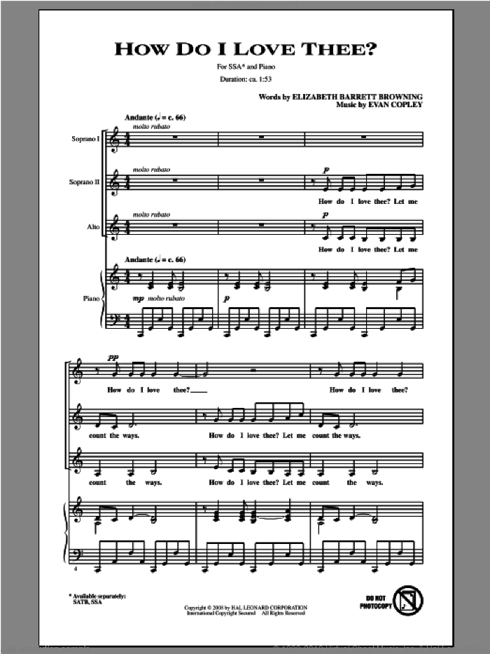 How Do I Love Thee? sheet music for choir (SSA: soprano, alto) by Evan Copley, intermediate skill level