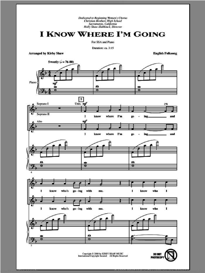 I Know Where I'm Goin' sheet music for choir (SSA: soprano, alto) by Kirby Shaw, intermediate skill level