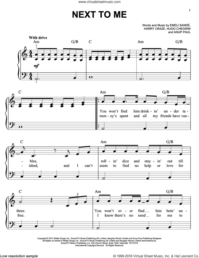 Next To Me sheet music for piano solo by Emeli Sande, easy skill level