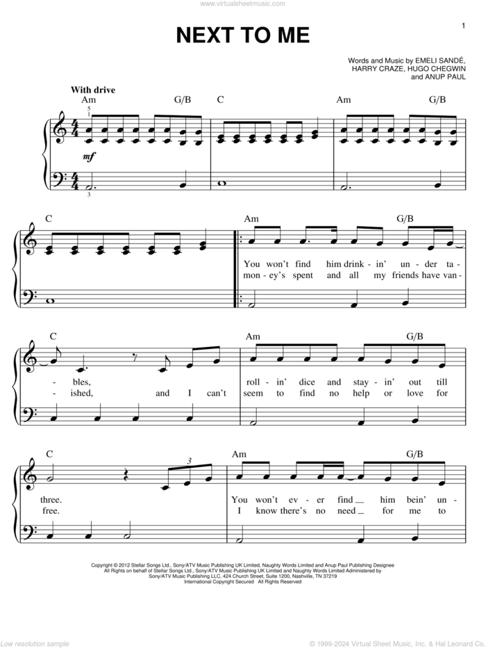 Next To Me sheet music for piano solo by Emeli Sande, easy skill level