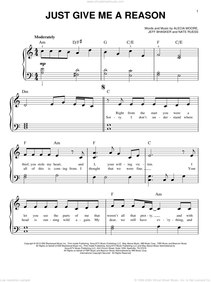 Just Give Me A Reason sheet music for piano solo by P!nk, Miscellaneous and Nate Ruess, easy skill level