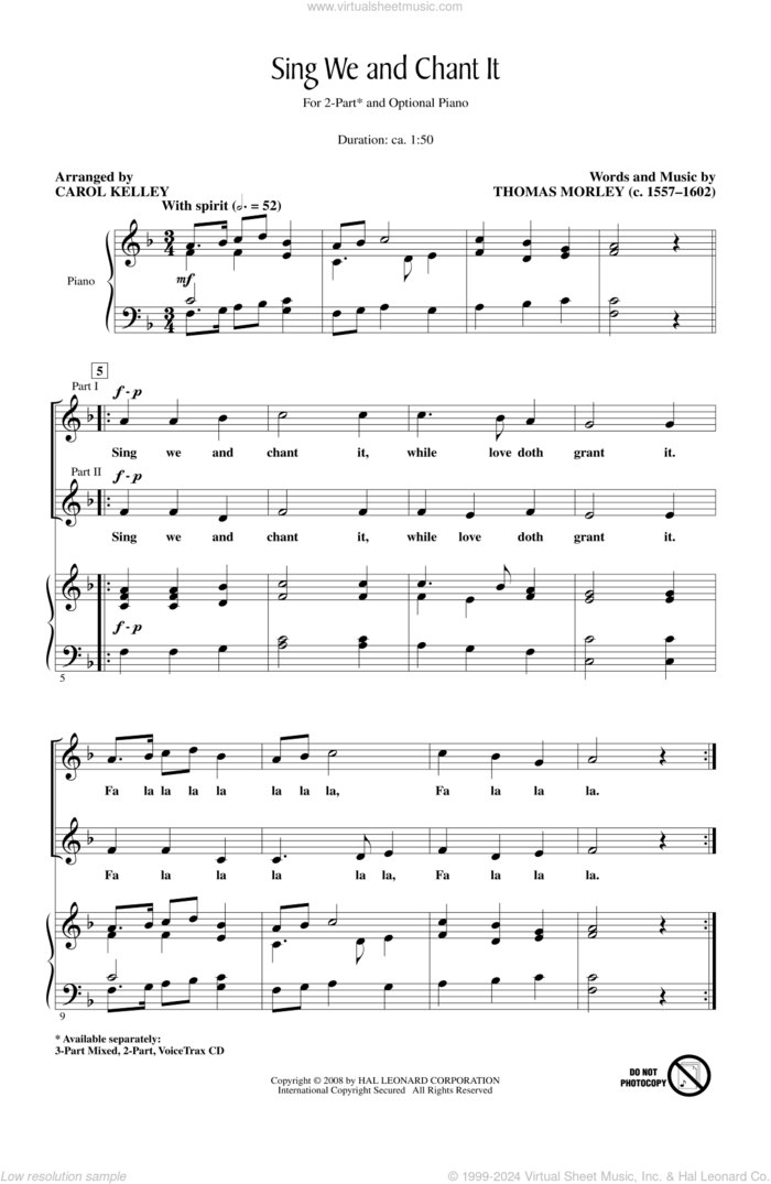 Sing We And Chant It sheet music for choir (2-Part) by Thomas Morley and Carol Kelley, intermediate duet