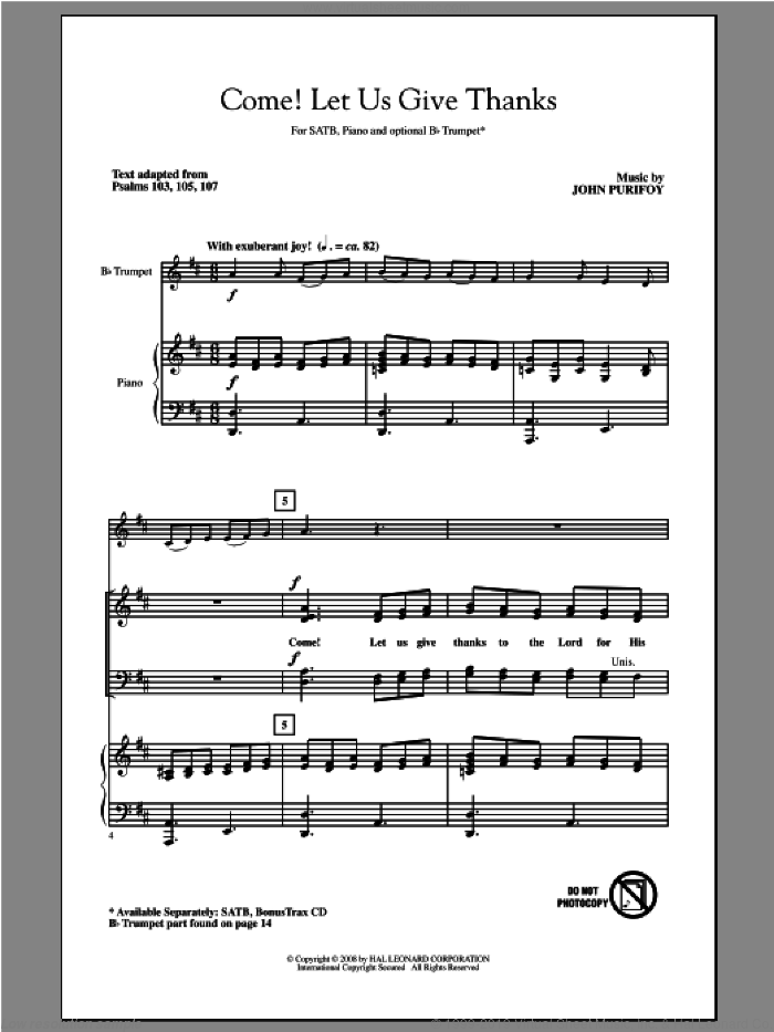 Come! Let Us Give Thanks sheet music for choir (SATB: soprano, alto, tenor, bass) by John Purifoy, intermediate skill level