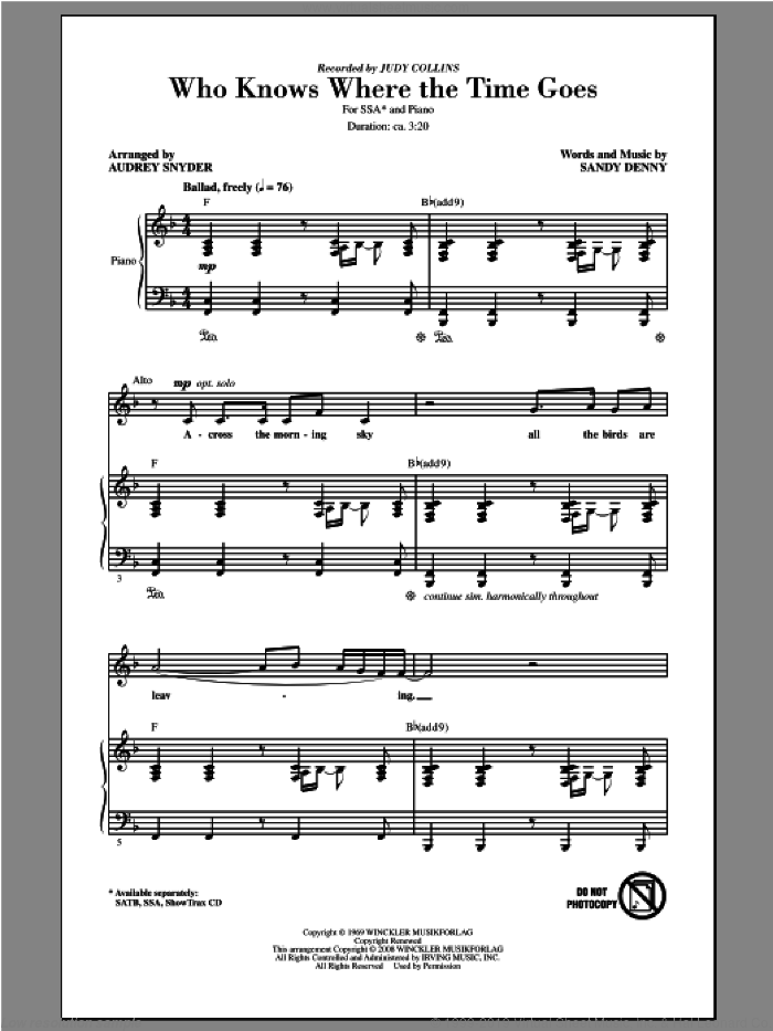 Who Knows Where The Time Goes sheet music for choir (SSA: soprano, alto) by Audrey Snyder and Judy Collins, intermediate skill level