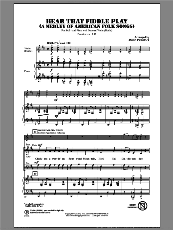 Hear That Fiddle Play (A Medley of American Folk Songs) sheet music for choir (SAB: soprano, alto, bass) by John Purifoy, intermediate skill level