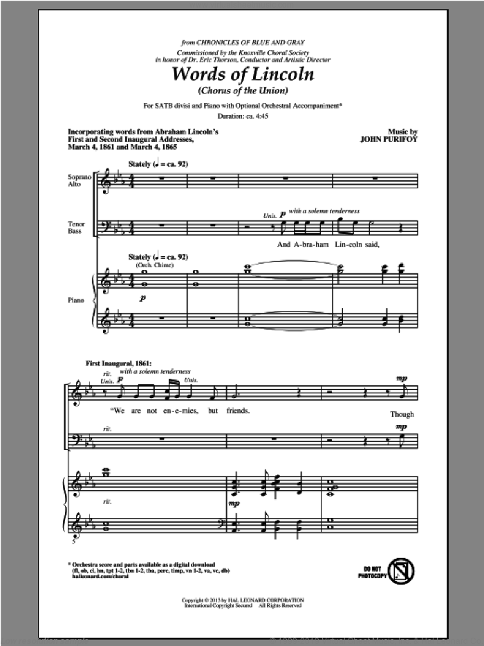 Words Of Lincoln (Chorus of the Union) sheet music for choir (SATB: soprano, alto, tenor, bass) by John Purifoy, intermediate skill level