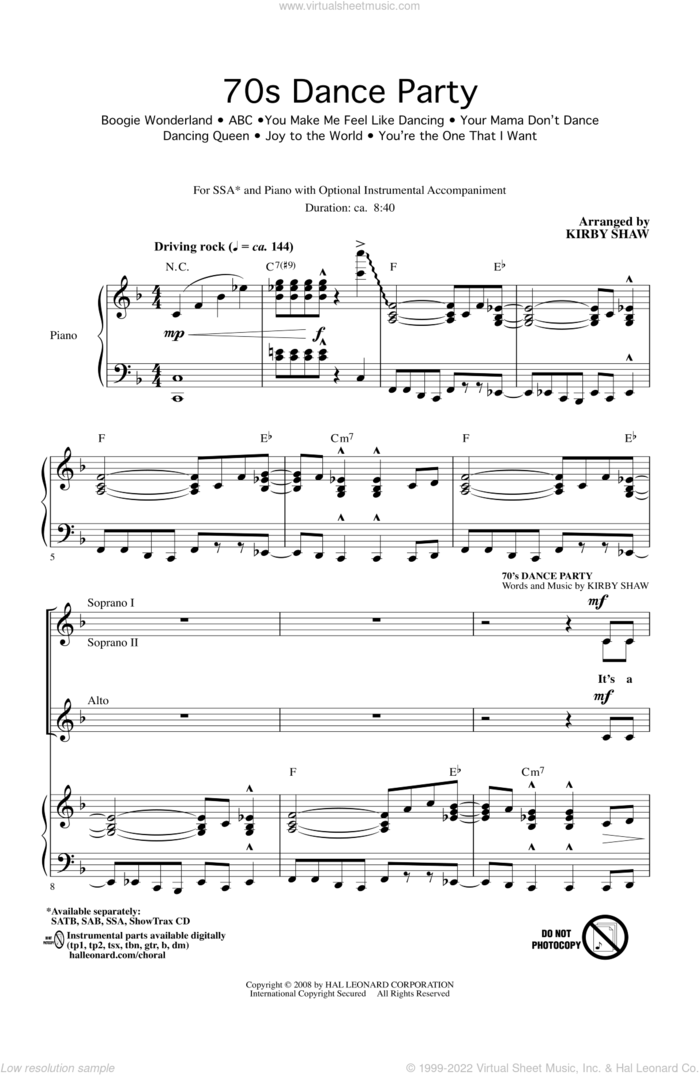 70s Dance Party (Medley) sheet music for choir (SSA: soprano, alto) by Kirby Shaw, intermediate skill level