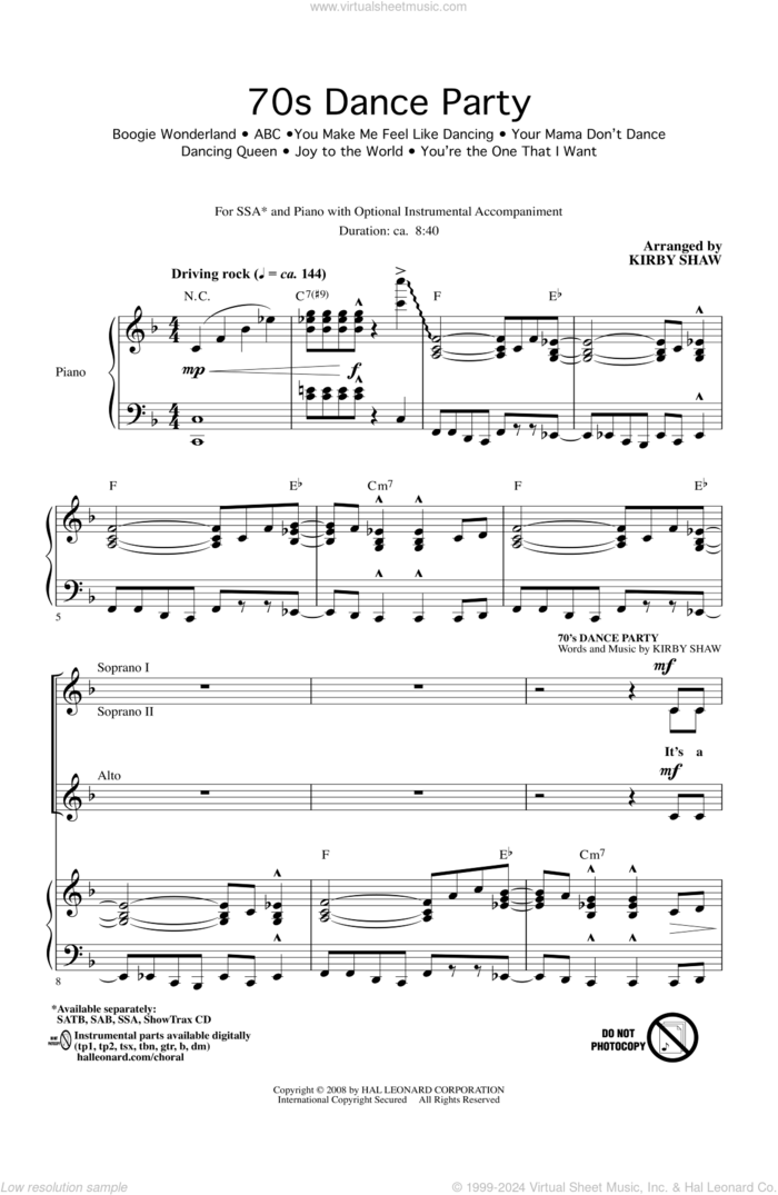 70s Dance Party (Medley) sheet music for choir (SSA: soprano, alto) by Kirby Shaw, intermediate skill level