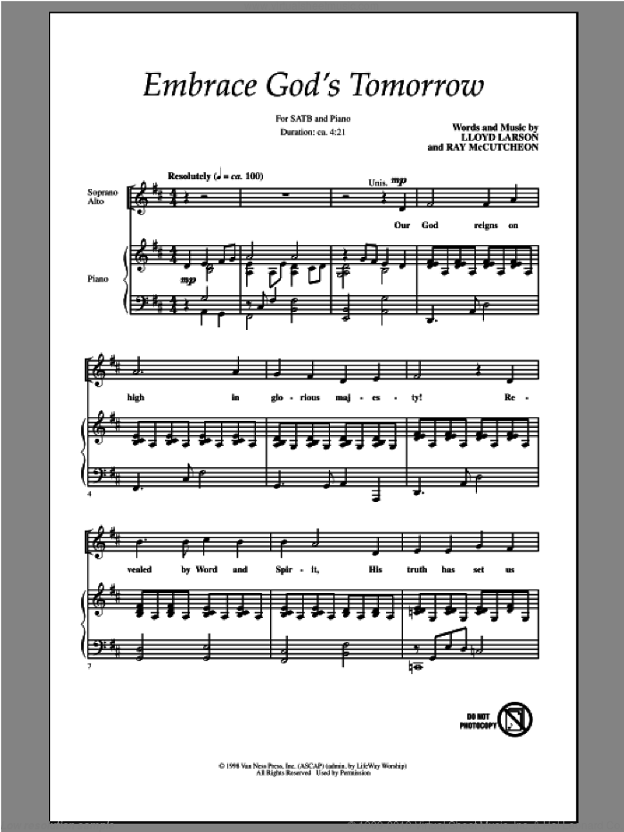 Embrace God's Tomorrow sheet music for choir (SATB: soprano, alto, tenor, bass) by Lloyd Larson and Ray McCutcheon, intermediate skill level
