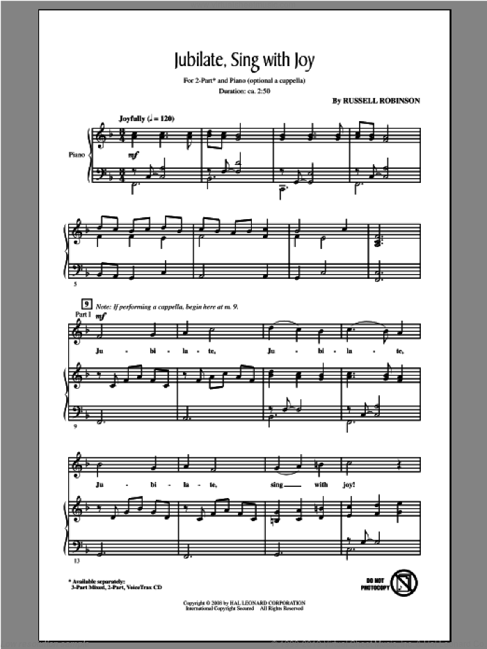 Jubilate, Sing With Joy sheet music for choir (2-Part) by Russell Robinson, intermediate duet