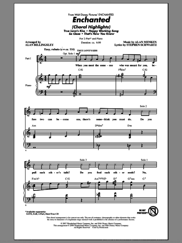 Enchanted (Choral Highlights) (arr. Alan Billingsley) sheet music for choir (2-Part) by Alan Menken, Alan Billingsley and Stephen Schwartz, intermediate duet